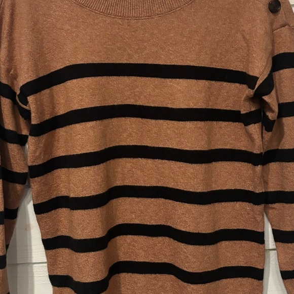 LOFT Camel/Tan and Black Striped Crew Neck Sweater with Button details . - Picture 9 of 13